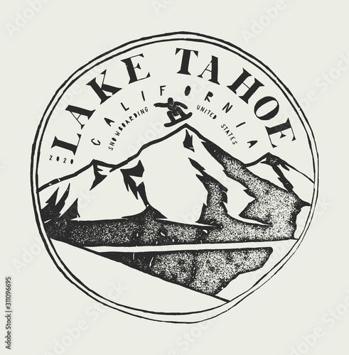 Lake Tahoe Snowboarding spot stamp. Vintage typography print vector illustration.