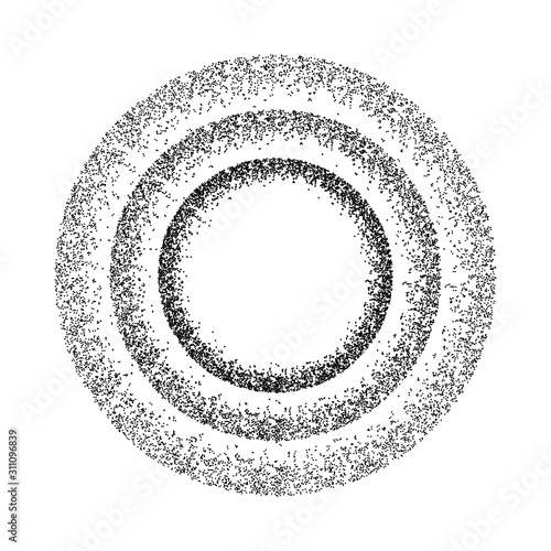 Round border frame isolated on white, modern grunge texture, dust effect, distress dotted pattern, black and white  vector illustration