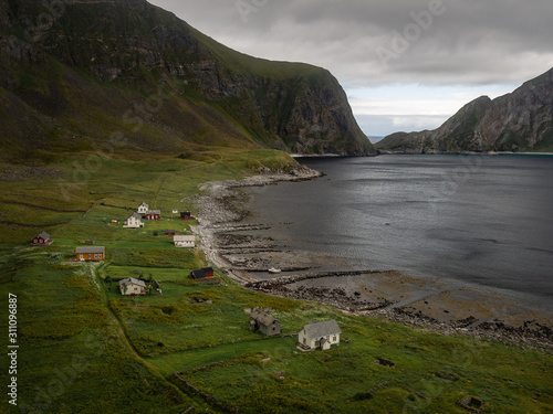 The small village of Måstad on the island of Værøy in Lofoten, Norway