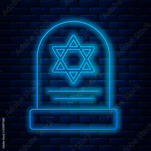 Glowing neon line Tombstone with star of david icon isolated on brick wall background. Jewish grave stone. Gravestone icon. Vector Illustration