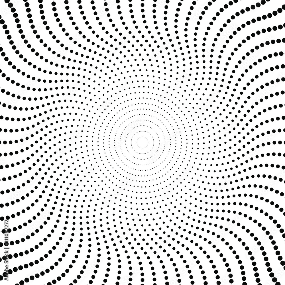 Abstract futuristic background, spiral halftone dots pattern, modern stylish texture, black and white vector illustration. Abstract futuristic background, spiral halftone dots pattern, modern stylish texture, black and white vector illustration.