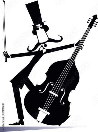 Cartoon long mustache cellist isolated illustration.  Smiling mustache man in the top hat with cello and fiddlestick black on white illustration