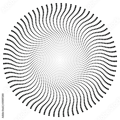 Round shape, circle design element, spiral halftone dots pattern, optical illusion, black and white vector illustration.