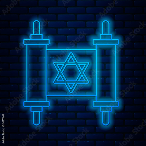 Glowing neon line Torah scroll icon isolated on brick wall background. Jewish Torah in expanded form. Star of David symbol. Old parchment scroll. Vector Illustration