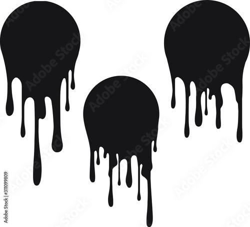 Set of 3 black round decors with paint drips. Vector illustration for your design.