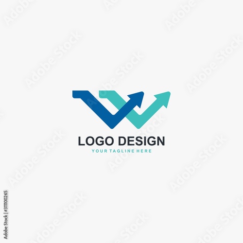 Blue arrows logo design. Reflection illustration sign. Letter W abstract symbol. Outline arrow vector icon.