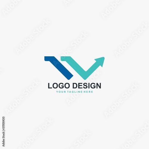 Blue arrows logo design. Reflection illustration sign. Letter W abstract symbol. Outline arrow vector icon.