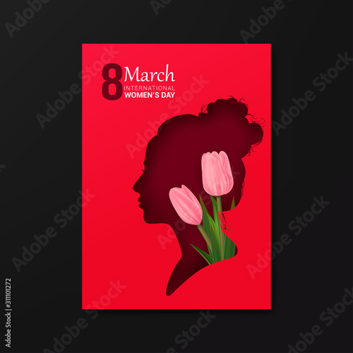 red poster with silhouette girl for international women's day. vector illustration