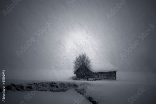 Sticker house, tree in fog, sweden, sverige, nacka, stockholm