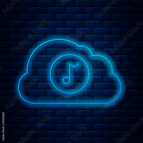 Glowing neon line Music streaming service icon isolated on brick wall background. Sound cloud computing, online media streaming, online song, audio wave. Vector Illustration