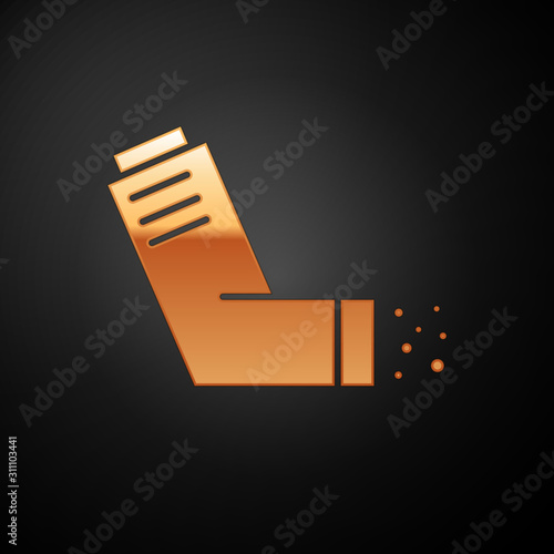 Gold Inhaler icon isolated on black background. Breather for cough relief, inhalation, allergic patient. Medical allergy asthma inhaler spray.  Vector Illustration