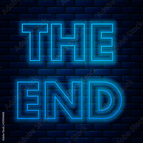 Glowing neon line The End handwritten inscription icon isolated on brick wall background. Closing movie frame. Movie ending screen. Vector Illustration
