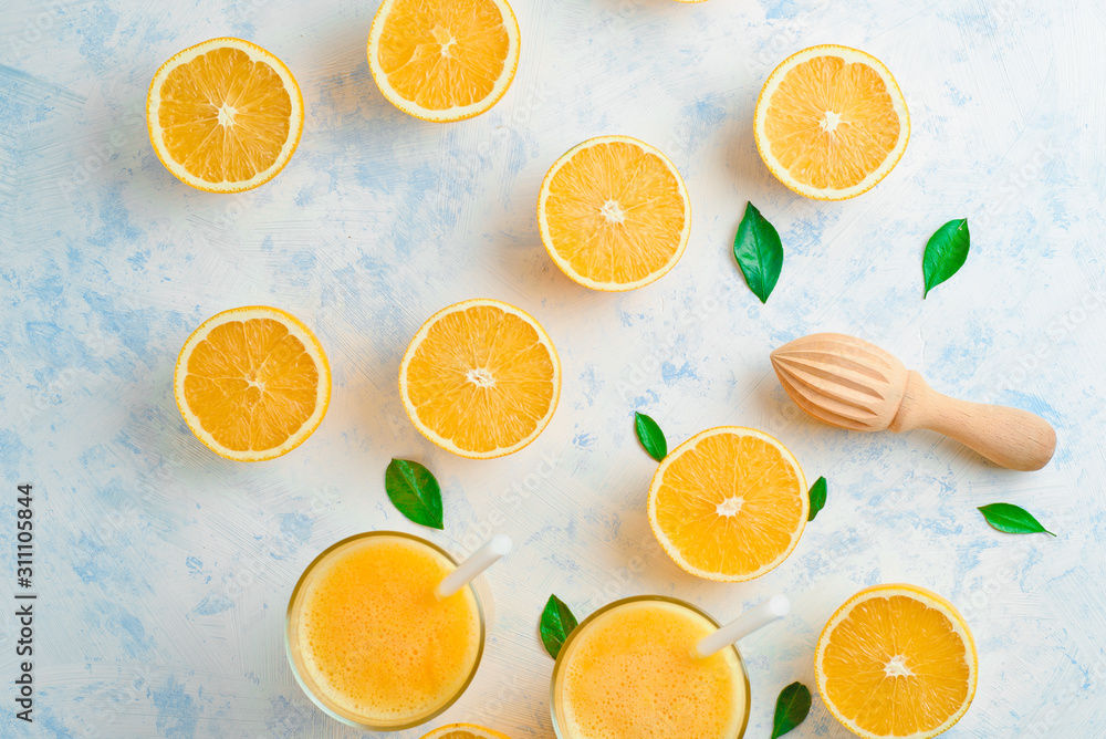 oranges for making juice, pattern, on a blue background oranges for making juice, pattern, on a blue background