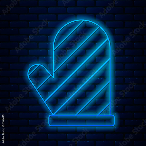 Glowing neon line Oven glove icon isolated on brick wall background. Kitchen potholder sign. Cooking glove. Vector Illustration