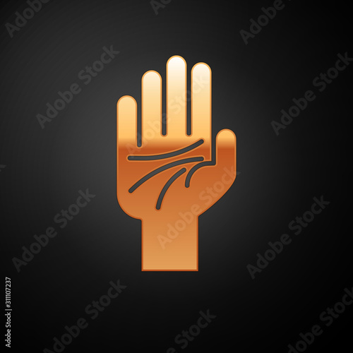 Gold Palmistry of the hand icon isolated on black background.  Vector Illustration