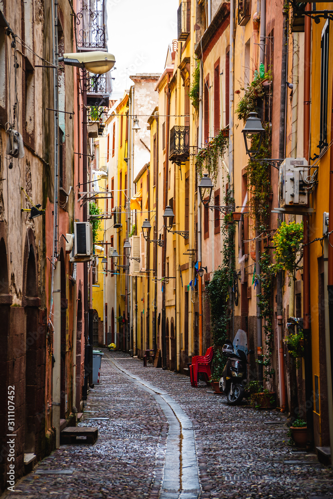 Picturesque street of tiny Bosa town, Sardinia island