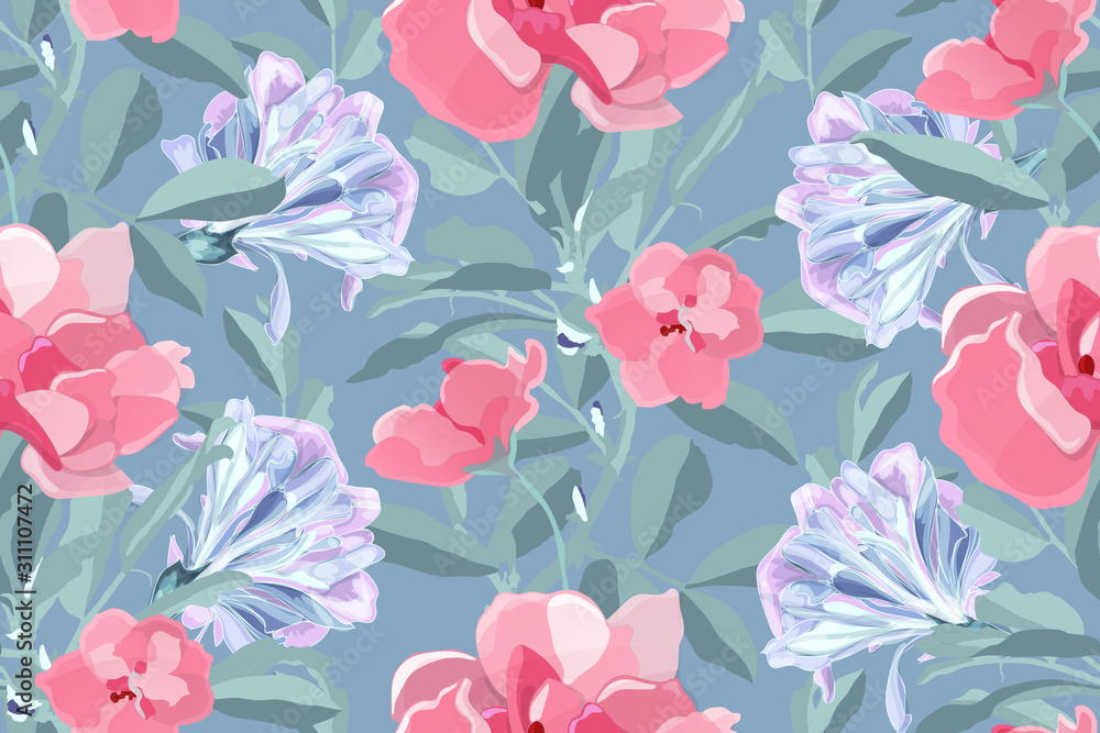 Art floral vector seamless pattern. Light blue leaves. Pink, light purple flowers isolated on grey-blue background. Endless pattern with viola, morning glory, ipomoea for wallpaper, fabric, textile.