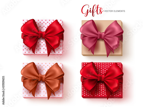 Gift box vector set. Gifts element with colorful red ribbon or lasso for valentines and birthday celebration isolated in white background. Vector illustration.
