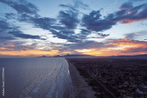 Aerial view of sunset on the beach. Itanha  m  S  o Paulo  Brazil. Great landscape