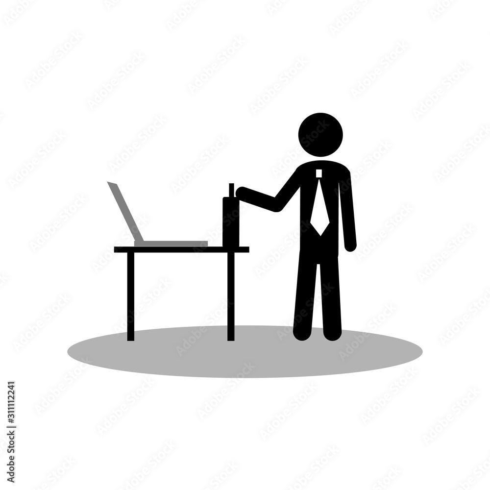 A man stands near the table with laptop and briefcase, a simple figure businessman stick person A man stands near the table with laptop and briefcase, a simple figure businessman stick person