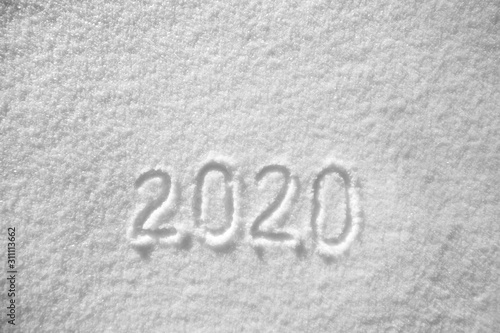 text, winter inscription 2020 New Year background, text on snow surface
