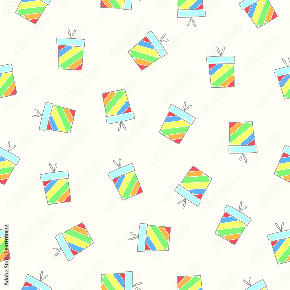 Seamless rainbow coloured gift box pattern vector in a hand drawn style, on an off-white background Seamless rainbow coloured gift box pattern vector in a hand drawn style, on an off-white background