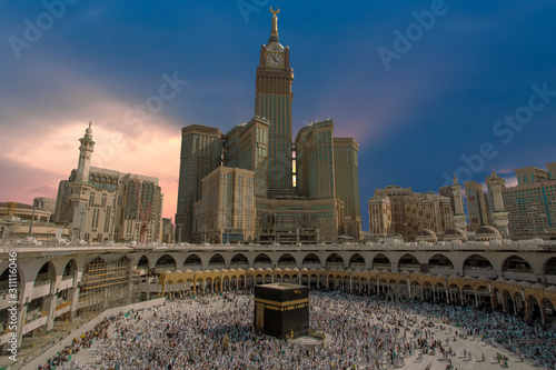 Makkah, Saudi ARABIA-April 2018: muslim prayer and tawaf for Abraj AL Bait prophet Muhammad, kaabah, Saufi ARABIA,macca blue sky background.