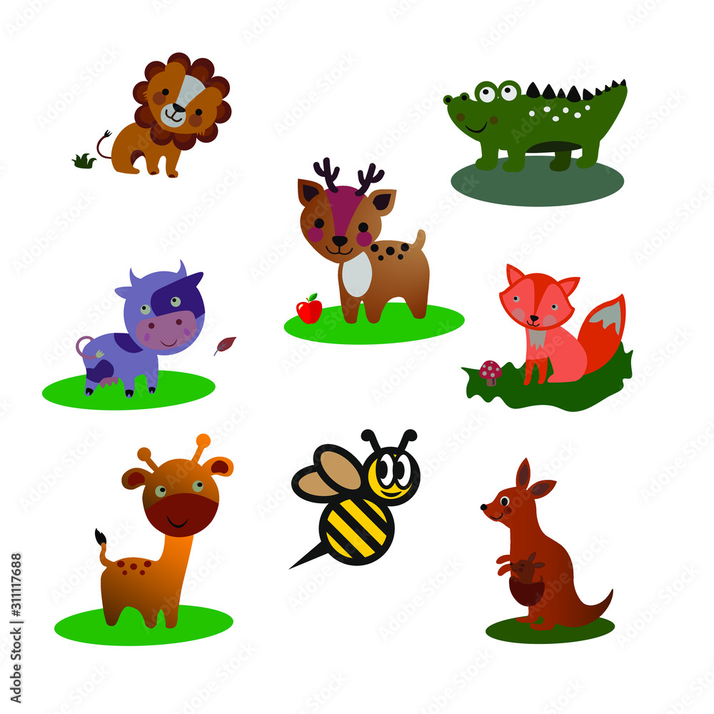 Fototapeta premium Vector illustration of cute animal set including lion, alligator, cow. deer, fox, giraffe, bee, and kangaroo. vector illustration.