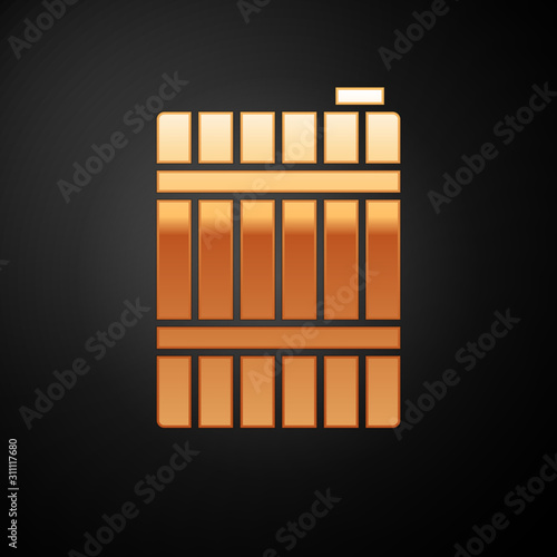 Gold Wooden barrel icon isolated on black background. Alcohol barrel, drink container, wooden keg for beer, whiskey, wine. Vector Illustration