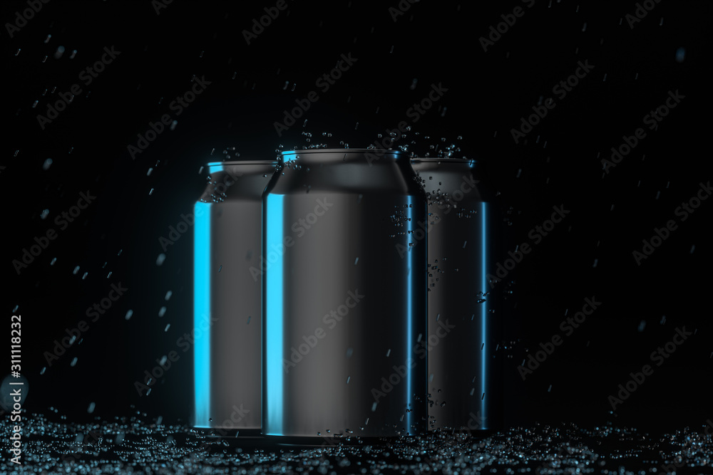 The rain drops fell on cans, cans with dark background, 3d rendering. The rain drops fell on cans, cans with dark background, 3d rendering.