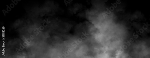 Panoramic view mystic smoke on the floor. Paranormal fog isolated on black background.