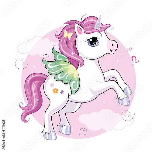 Cute little unicorn character with butterfly wings over pink round background. Vector.