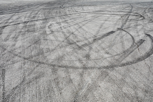 Skid marks tire marks on motor race track asphalt international circuit.shoot down view.