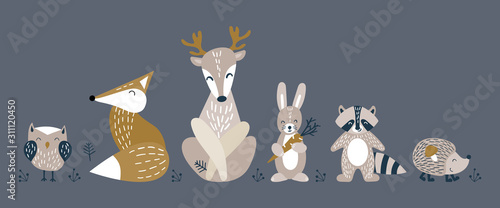 Banner with cute woodland animals in scandinavian style. Set of nice characters on dark background. Flat vector illustration. photo