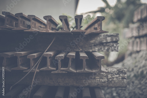 Close up rusty rails for railway construction,stack of metal rusty