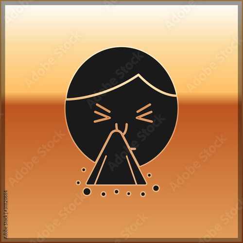 Black Man holding handkerchief or napkin to his runny nose icon isolated on gold background. Coryza desease symptoms. Vector Illustration