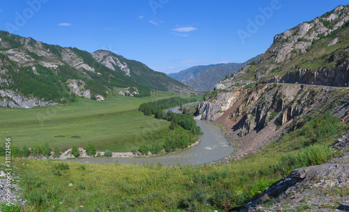 Panoramic view of the Chuya river on the Chui tract in the Altai Mountains