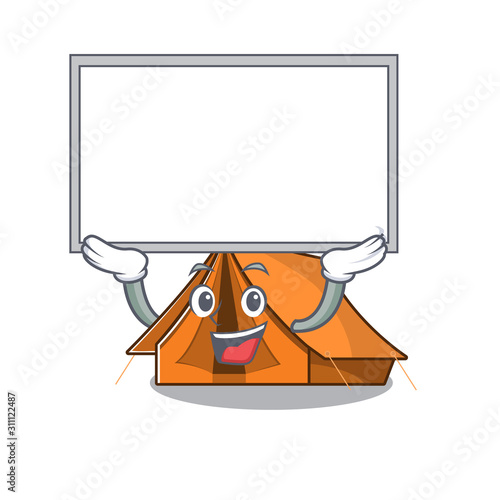 Happy cartoon character camping tent Scroll raised up board