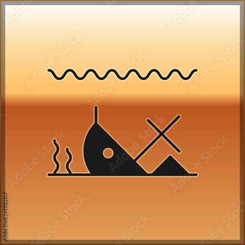 Black Sunken ship at the bottom of the sea icon isolated on gold background. Vector Illustration