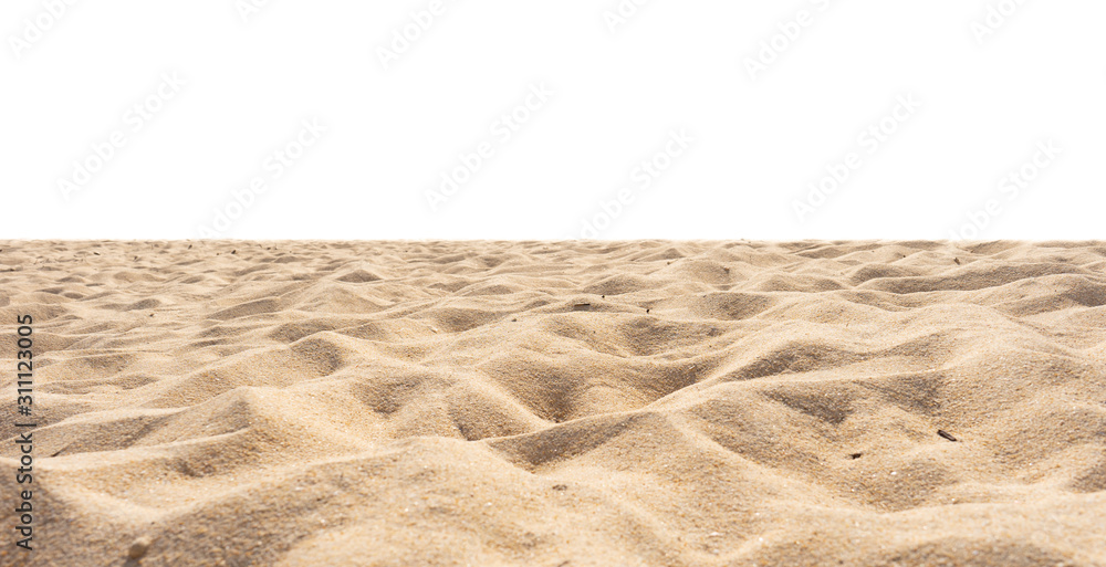 Beach isolated, beach sand texture di-cut on white. - obrazy, fototapety, plakaty 