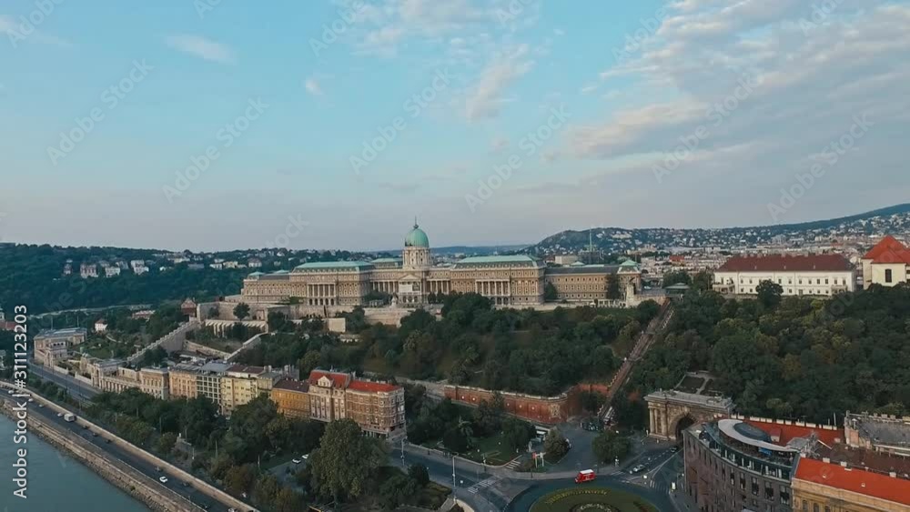 Epic aerial panorama shot of royal castle on mountain hill in Budapest,Hungary. Buda Castle is very famous building. Epic aerial panorama shot of royal castle on mountain hill in Budapest,Hungary. Buda Castle is very famous building.
