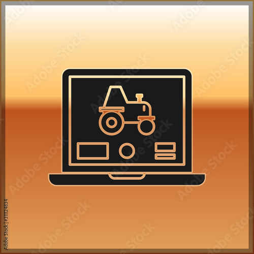 Black Laptop application for control a autonomous tractor on a smart farm icon isolated on gold background. Smart agriculture implement. Vector Illustration