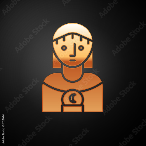 Gold Astrology woman icon isolated on black background. Vector Illustration