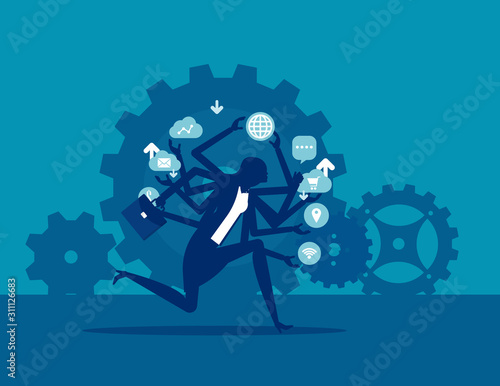 Businesswoman running a hurry multitasking. Employee lifestyle concept. Silhouette vector illustration style