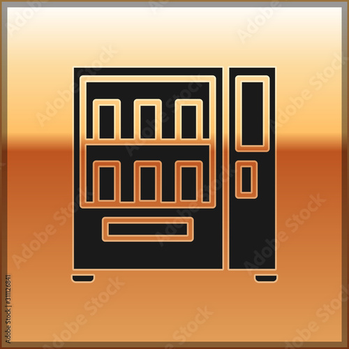 Black Vending machine of food and beverage automatic selling icon isolated on gold background. Vector Illustration