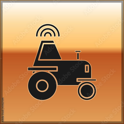 Black Self driving wireless tractor on a smart farm icon isolated on gold background. Smart agriculture implement element. Vector Illustration
