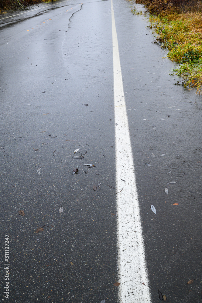 Residential street with water flooding over the roadway, still raining, empty road Residential street with water flooding over the roadway, still raining, empty road