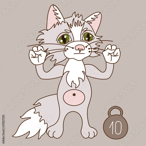 emoticon with a cool harsh cat bodybuilder who shows his biceps on his arm and a weight standing next to it, simple emoji clip art on a gray isolated background