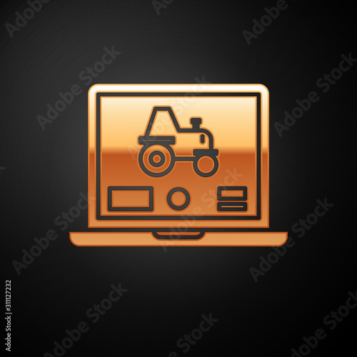 Gold Laptop application for control a autonomous tractor on a smart farm icon isolated on black background. Smart agriculture implement. Vector Illustration