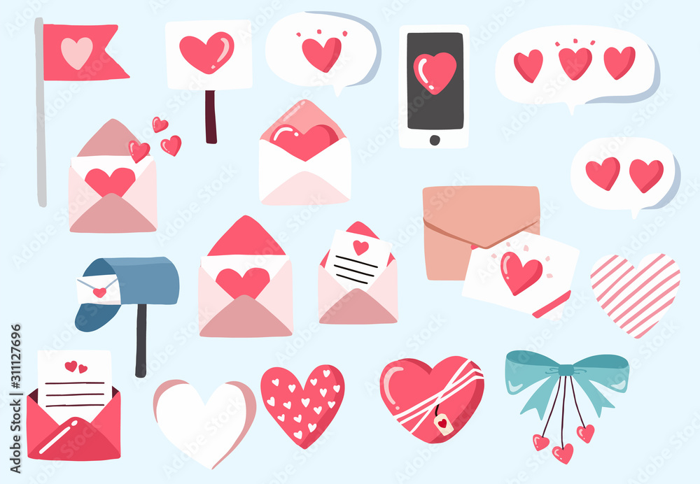 Cute object valentine collection with letter, heart,ribbon.Vector illustration for icon,logo,sticker,printable Cute object valentine collection with letter, heart,ribbon.Vector illustration for icon,logo,sticker,printable